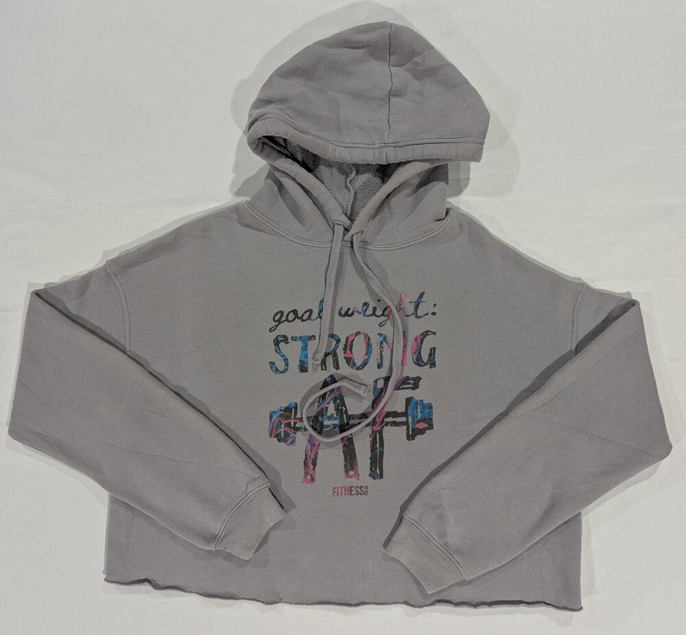 Bella + Canvas Hoodie Womens L Gray Strong AF Fitness Graphic Cropped Fleece